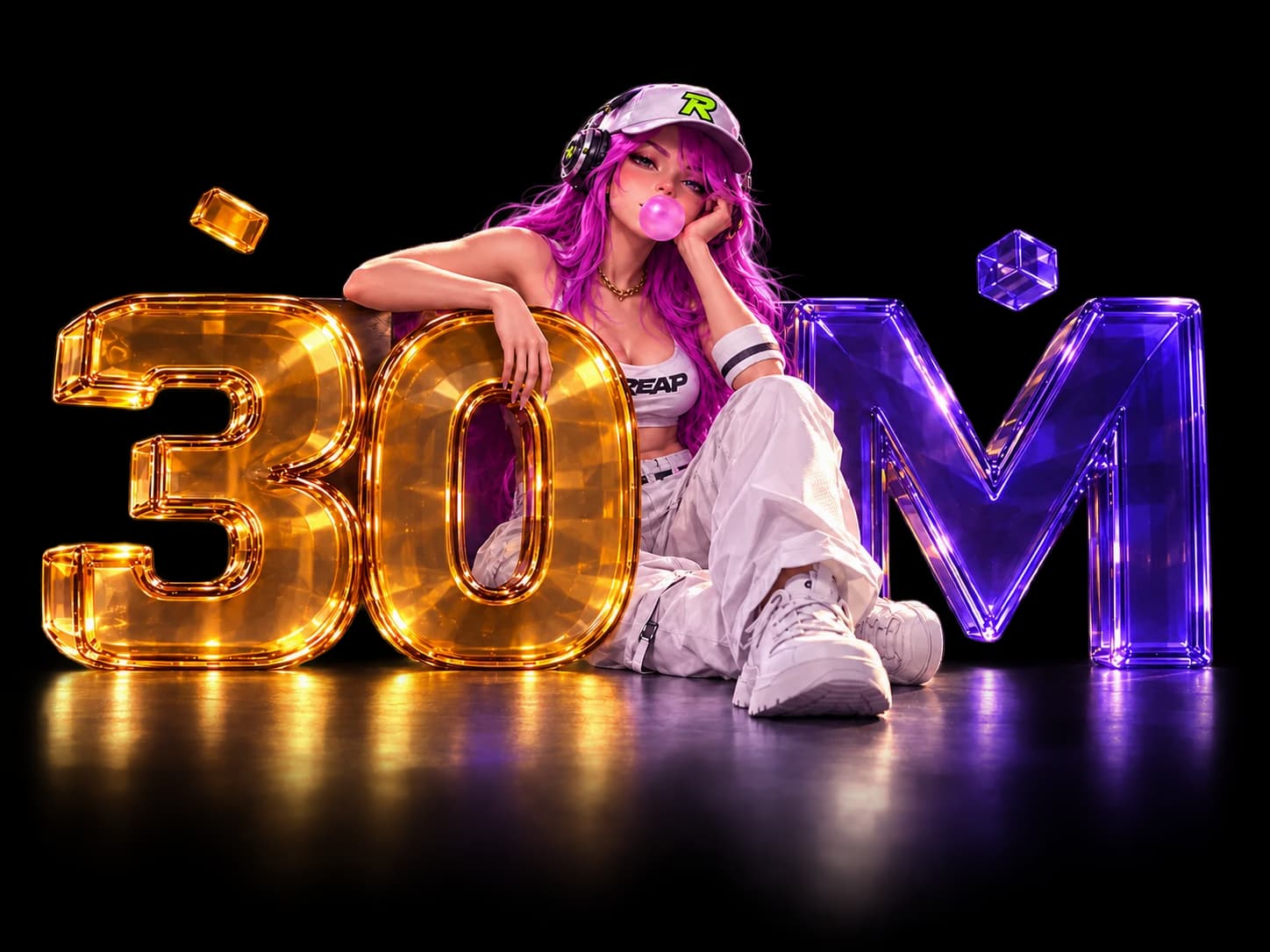 Lucky with rounded amber and violet glass 30M lettering for REAP Together.